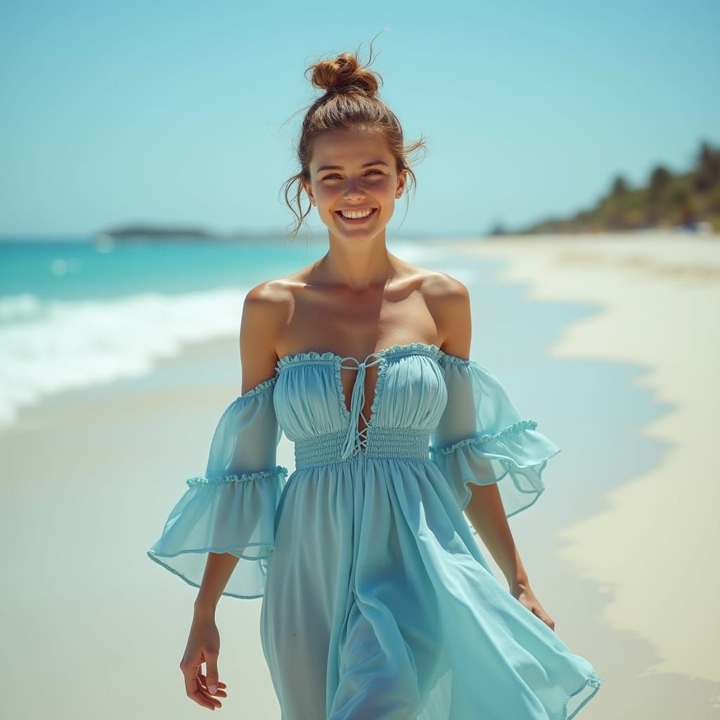 European Woman on Beach in Photorealistic Style