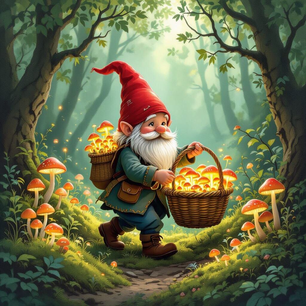 Gnome Picks Glowing Mushrooms in Enchanted Forest
