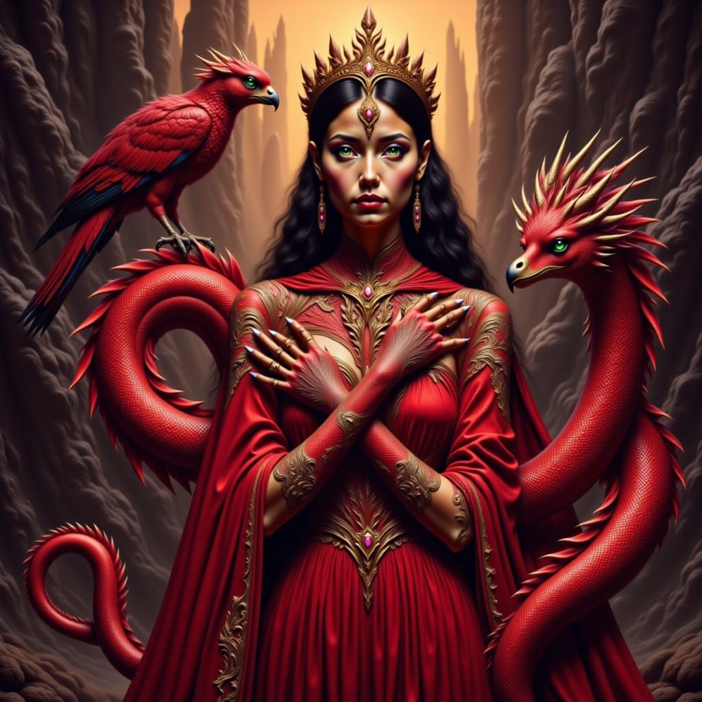 Martian Princess with Falcon and Dragon, Fantasy Art