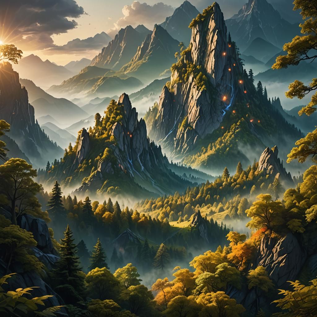 Majestic Mountains and Forest in Fantasy Landscape