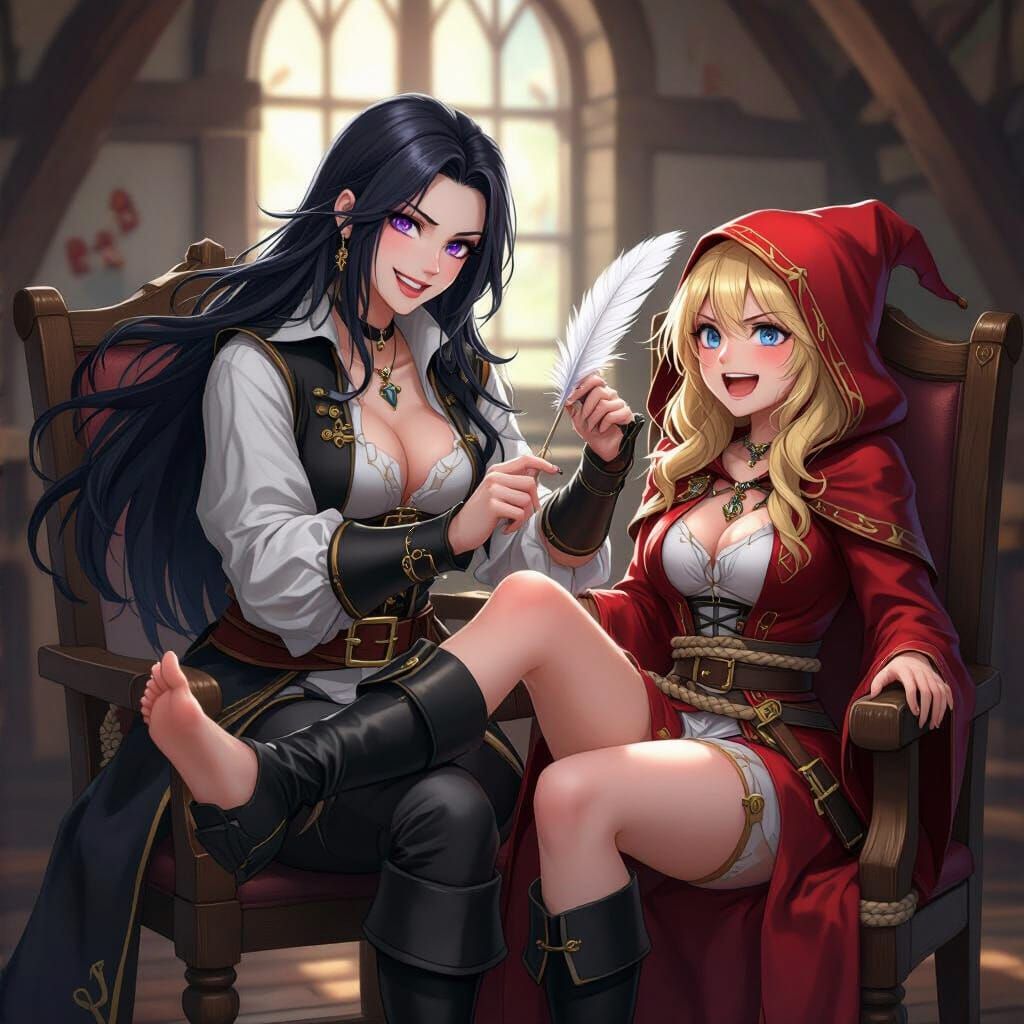 Anime Pirate Tickling Wizard's Foot in Bedroom