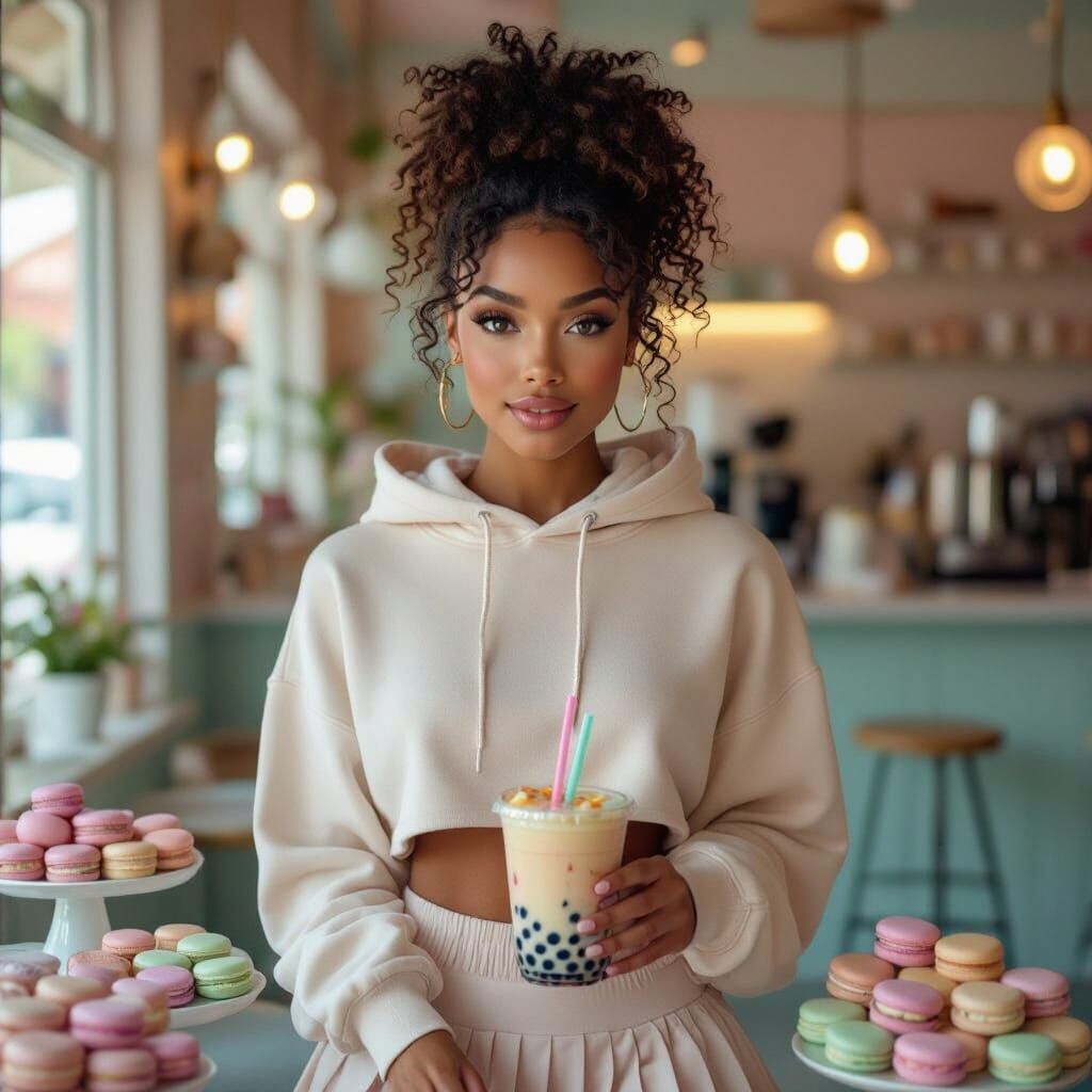 Influencer Enjoys Bubble Tea Mukbang in Pastel Cafe