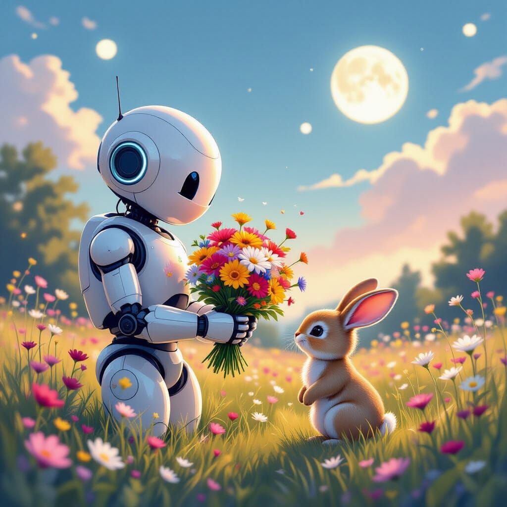 Gentle Robot Offers Flowers to Rabbit in Alien Meadow
