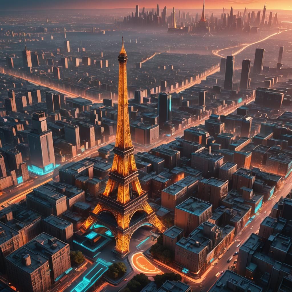 Futuristic Eiffel Tower in Cyberpunk Neon Cityscape