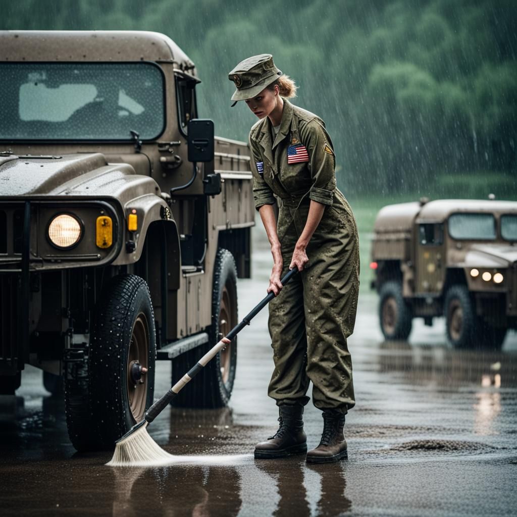 American Soldier Cleans Motor Pool in Cinematic Rain