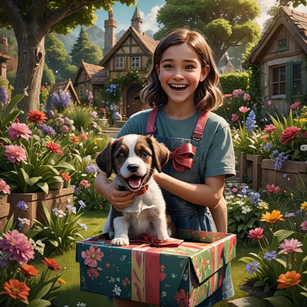 Girl and Emoji's Puppy Surprise: Detailed Digital Art