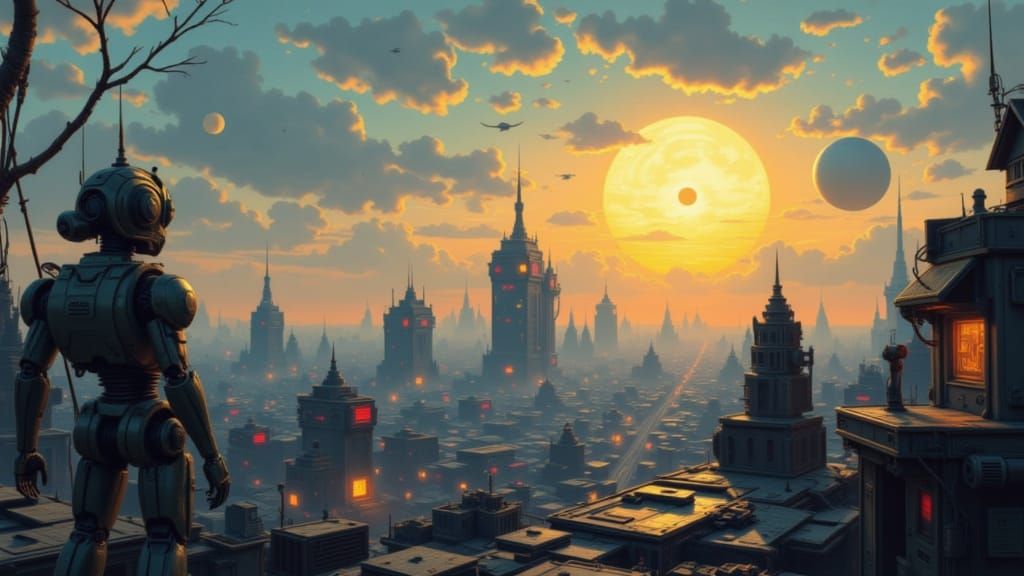 Alien City Panorama with Two Moons and Flying Objects