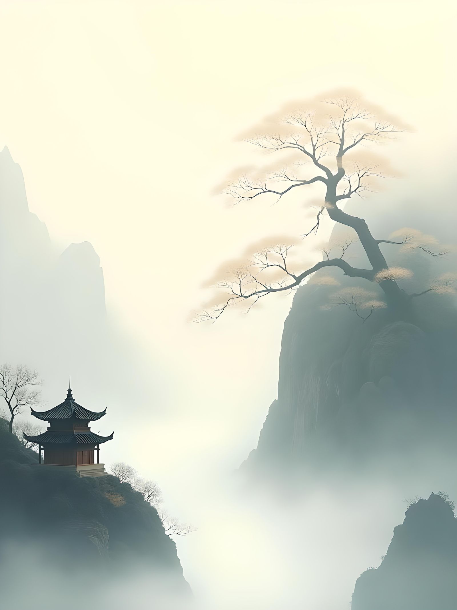 Minimalist Chinese Mountain Temple in Ink Wash