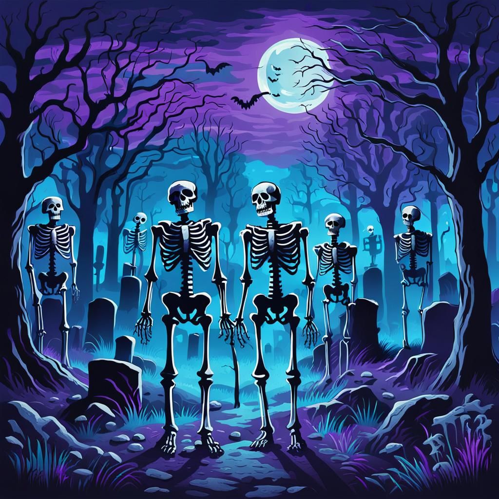 Whimsical Skeletons in Graveyard: Fauvist Expressionist Illu...