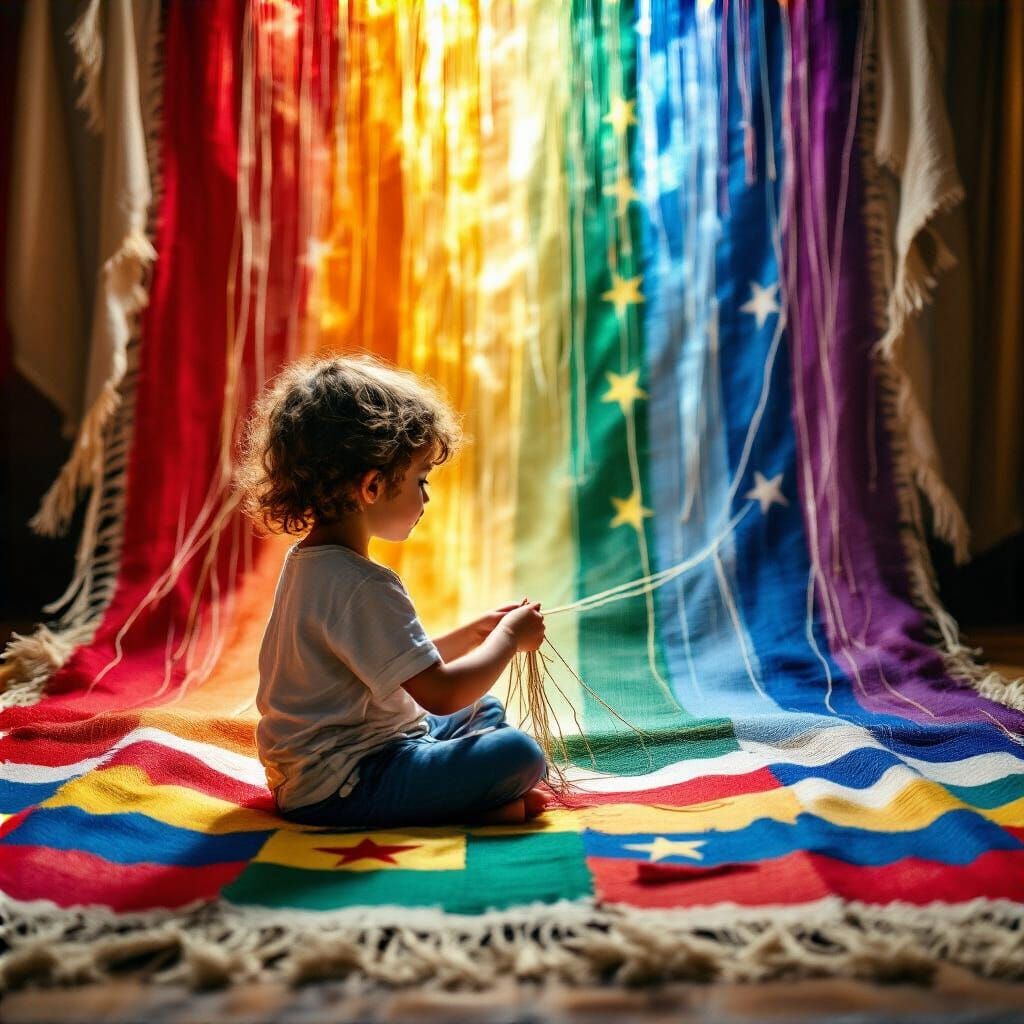 Child Weaving Flags Tapestry: Unity and Harmony