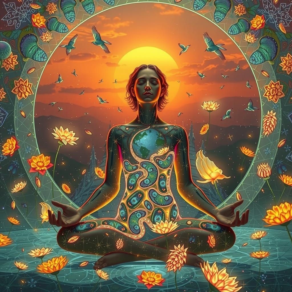 Bioluminescent Meditating Figure in Psychedelic Art Style