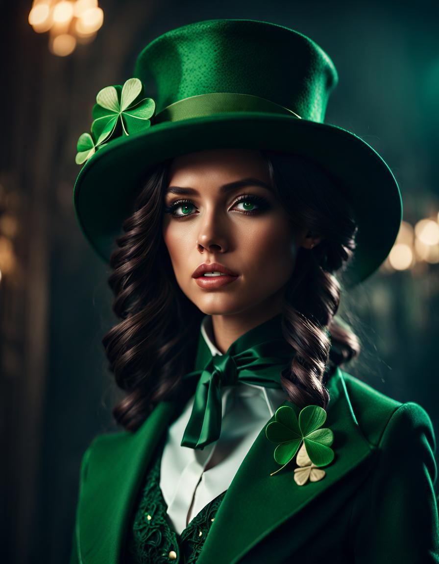 Beautiful Lady with Clover Hat in Cinematic Lighting