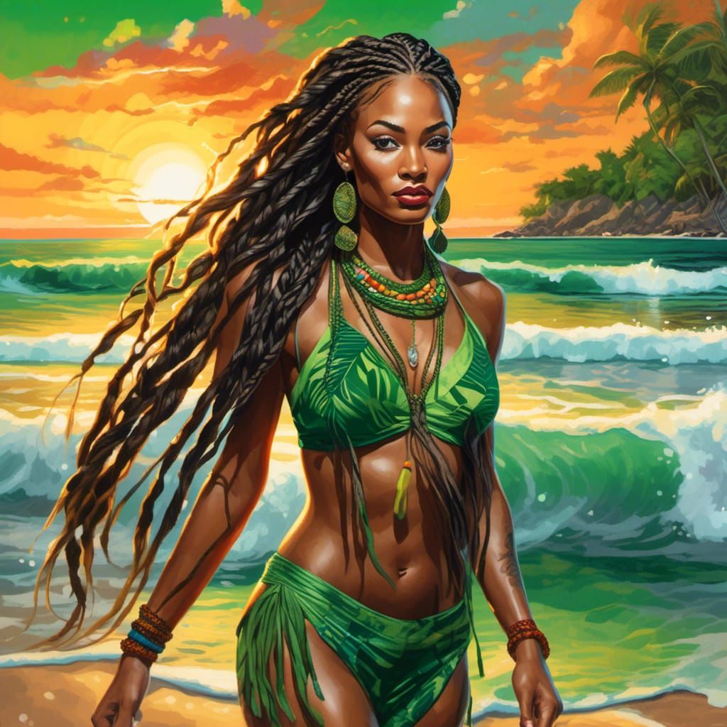 Jamaican Beauty Strolls Beach at Sunset