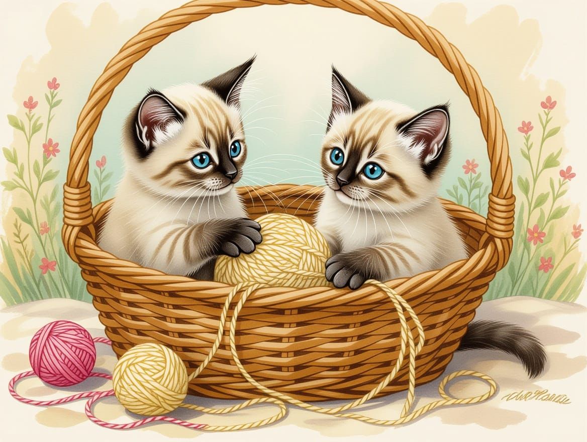 Siamese Kittens Play with Yarn in Storybook Illustration