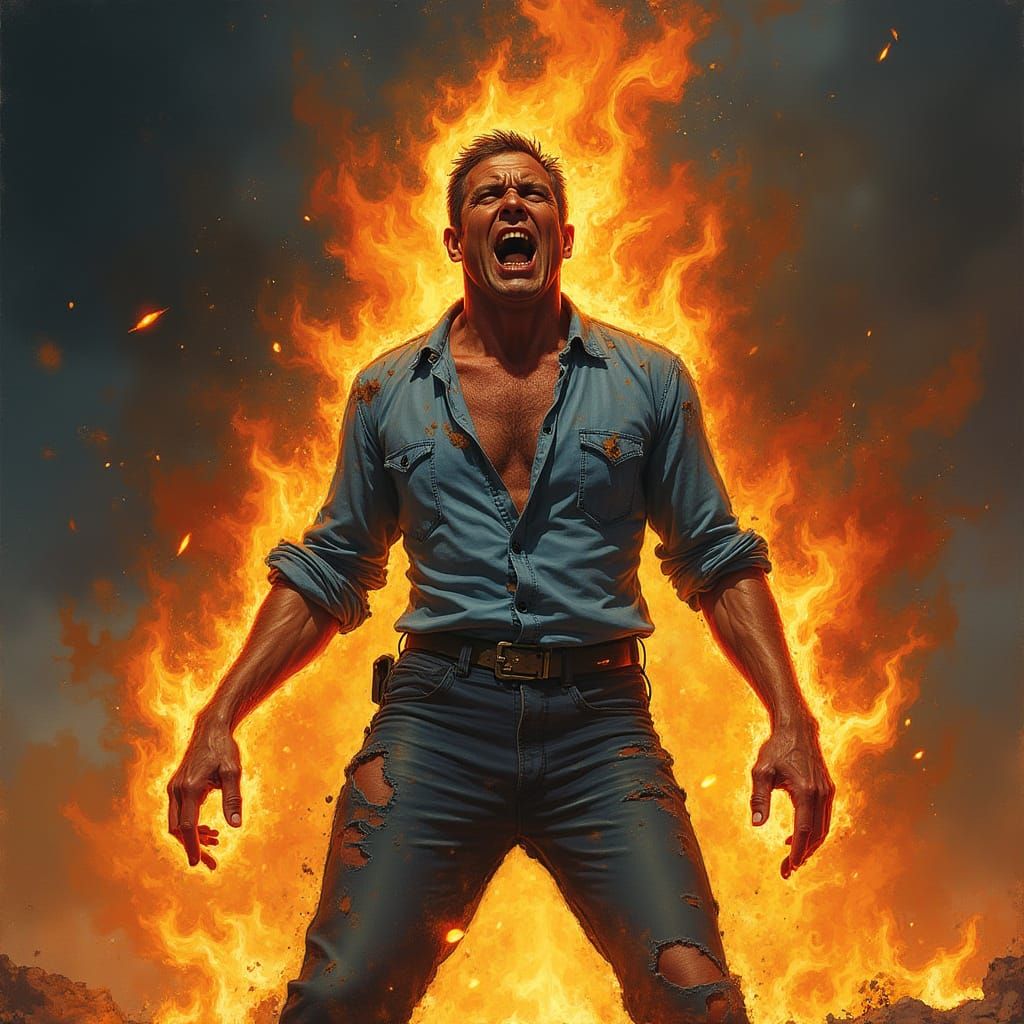 Man Engulfed in Flames: A Dark Fantasy Illustration