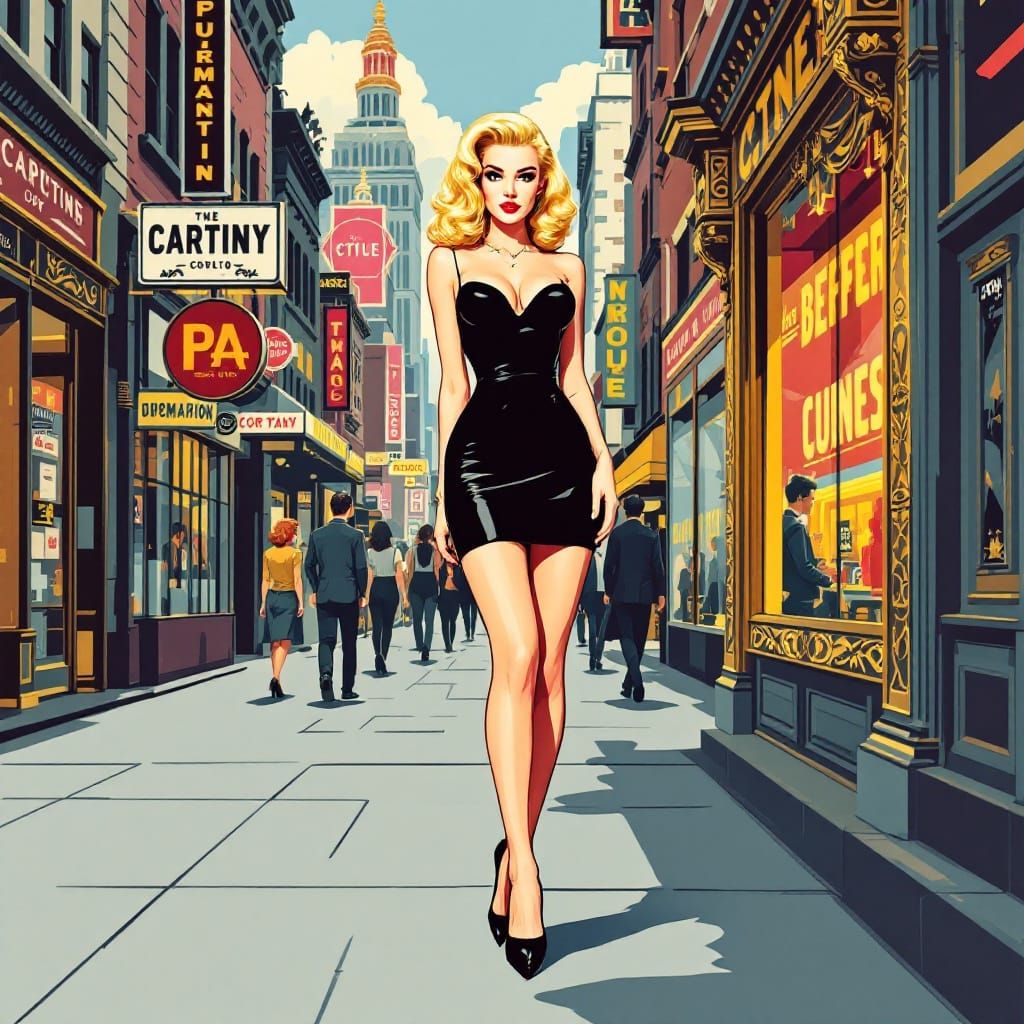 1950s Pin-Up in Pop Art Style on City Street