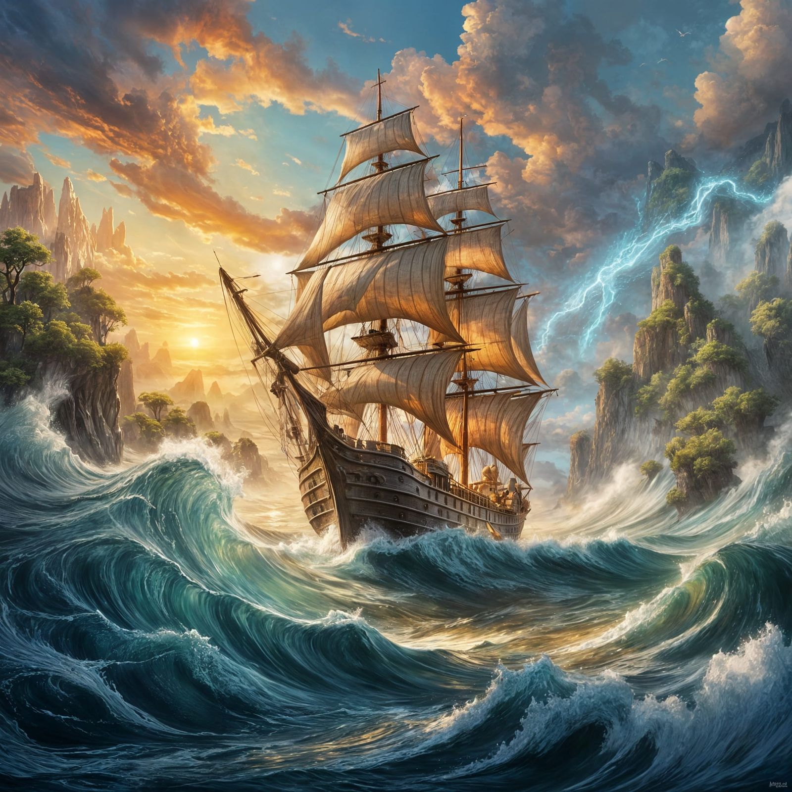 Majestic Sailing Ship in a Bottle, Fantasy Art