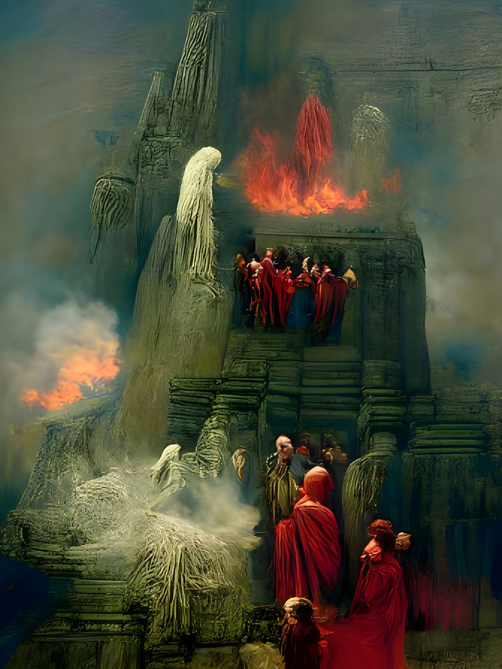 Inferno Temple: Wood Engraving in Doré Style