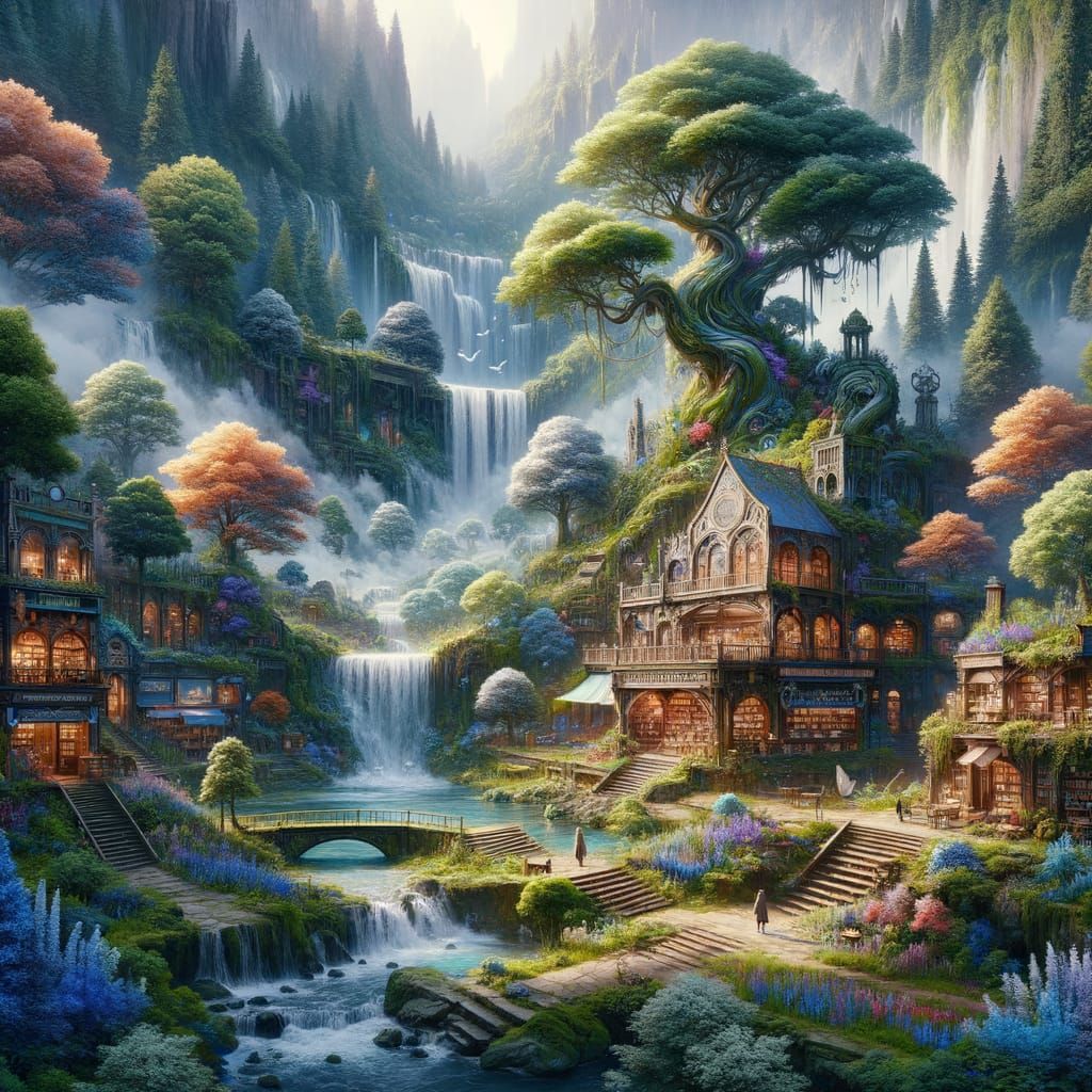 Lush Park with Waterfall and Antique Bookshop