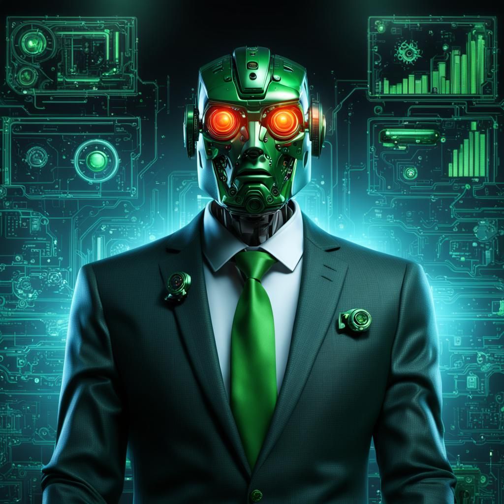 Hyperrealistic Robot Boss with Green Tie
