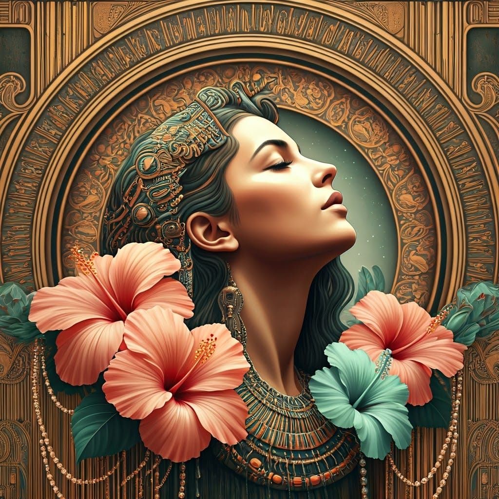 Art Deco Woman with Hibiscus in Ornate Frame