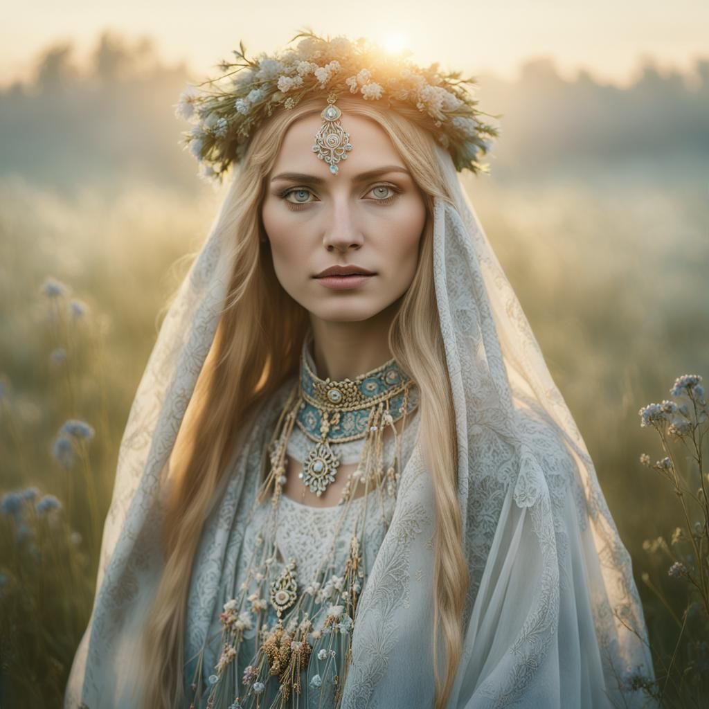 Ethereal Portrait of Woman in Slavic Clothing
