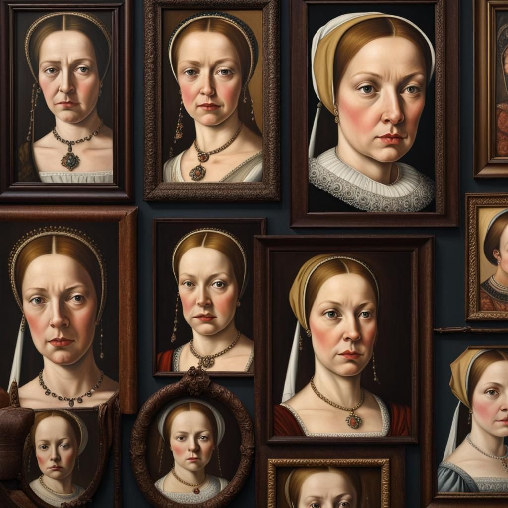 Tudor Woman Surrounded by Portraits, Photorealistic Close-Up