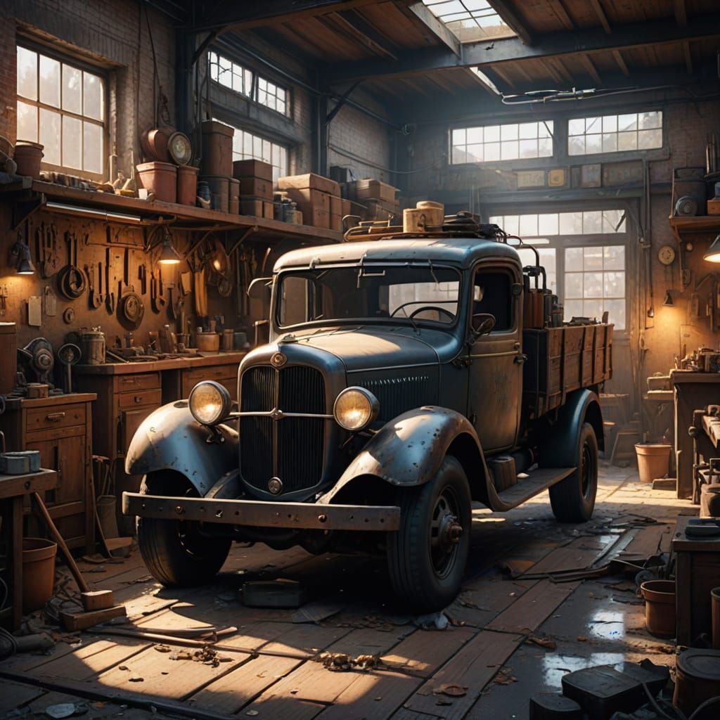 Vintage Repair Shop Epic: 1925 Oldtimer Truck in Warm Golden...
