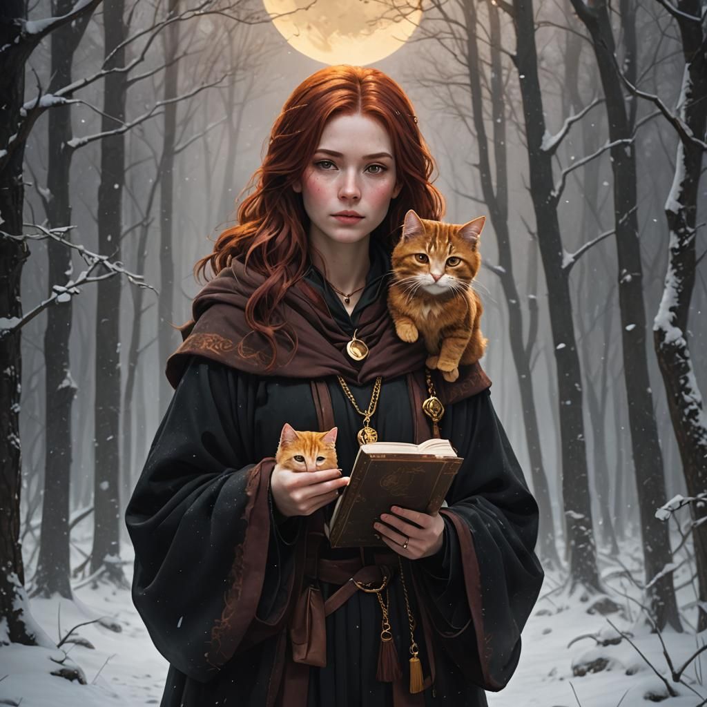 Girl with Cat in Snowy Forest, Fantasy Art