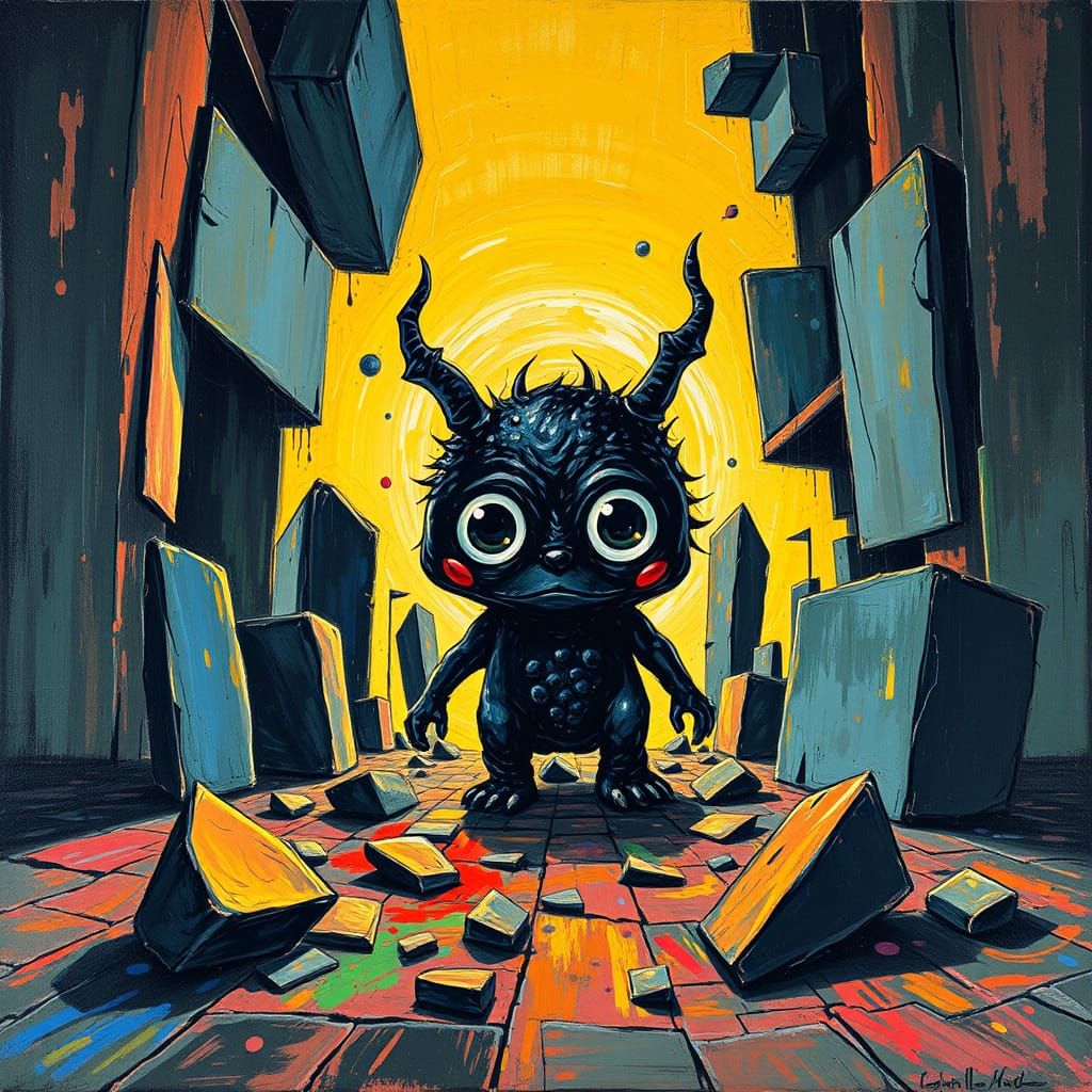 Gothic Creature Amidst Colliding Shapes in Abstract Style