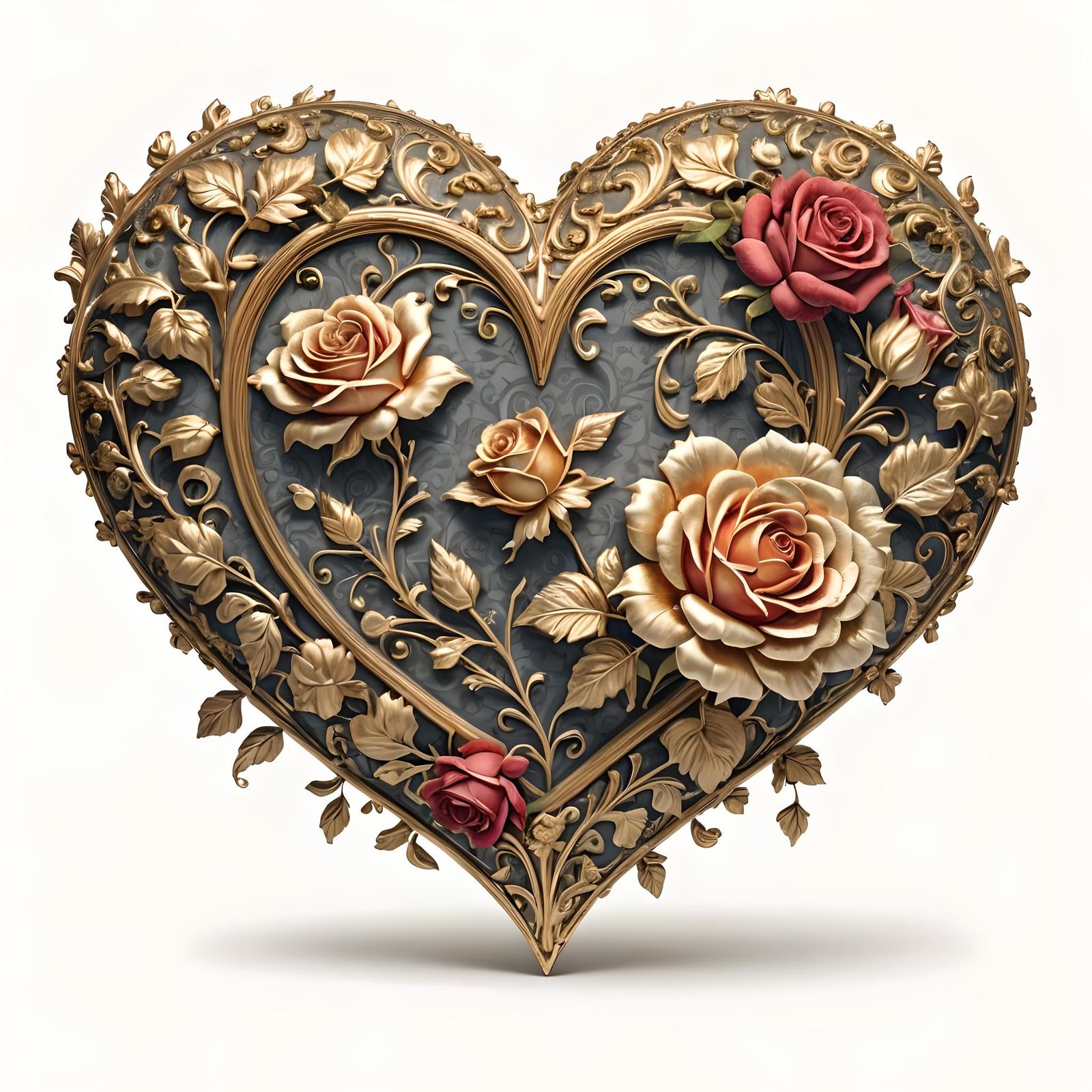 Decorative Heart with Crimson Roses: Antique Medieval Design