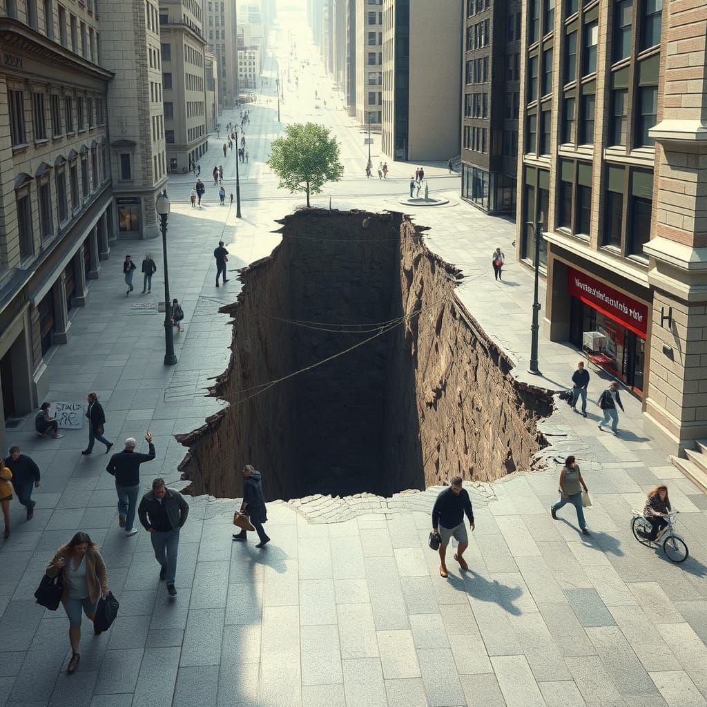 Giant Chasm Optical Illusion in City Pavement