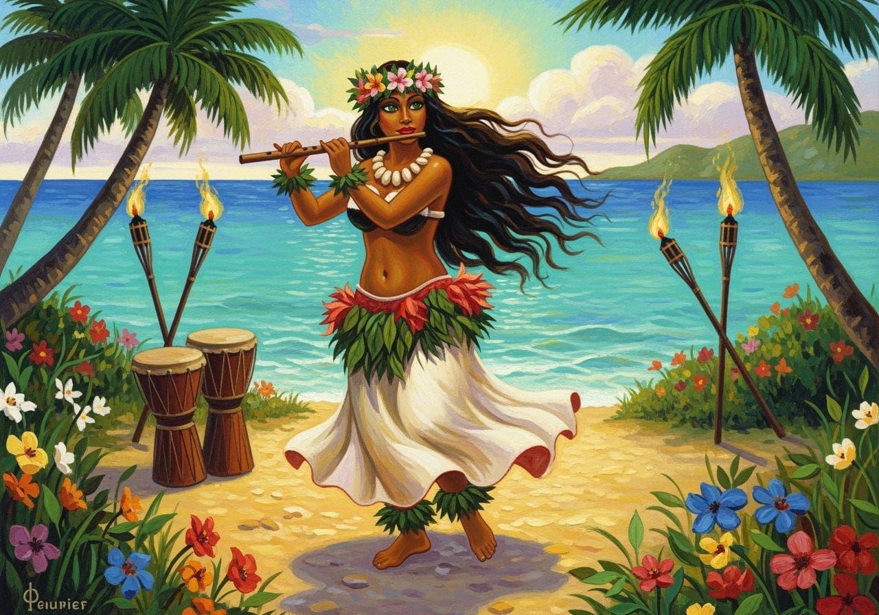 Tahitian Dancer in Traditional Costume at Sunset