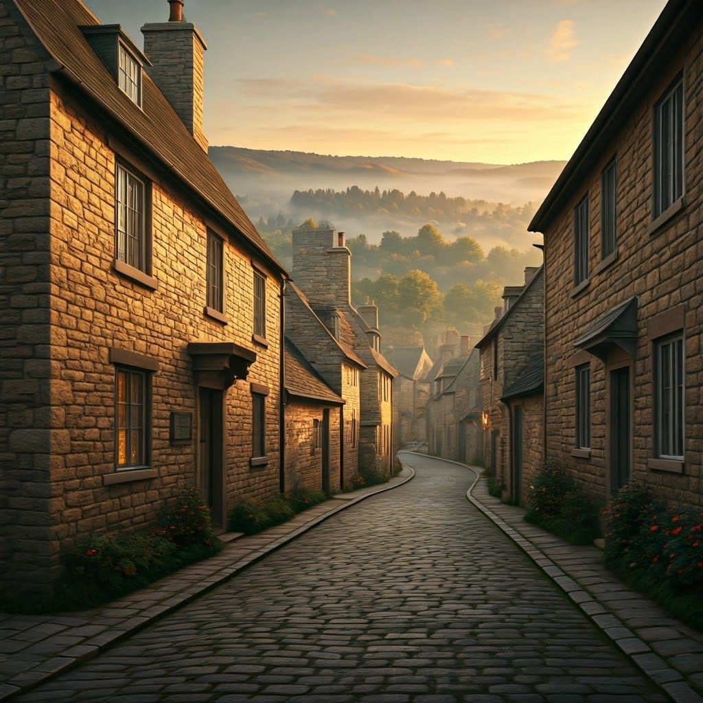 Idyllic Village Morning in Warm Golden Light