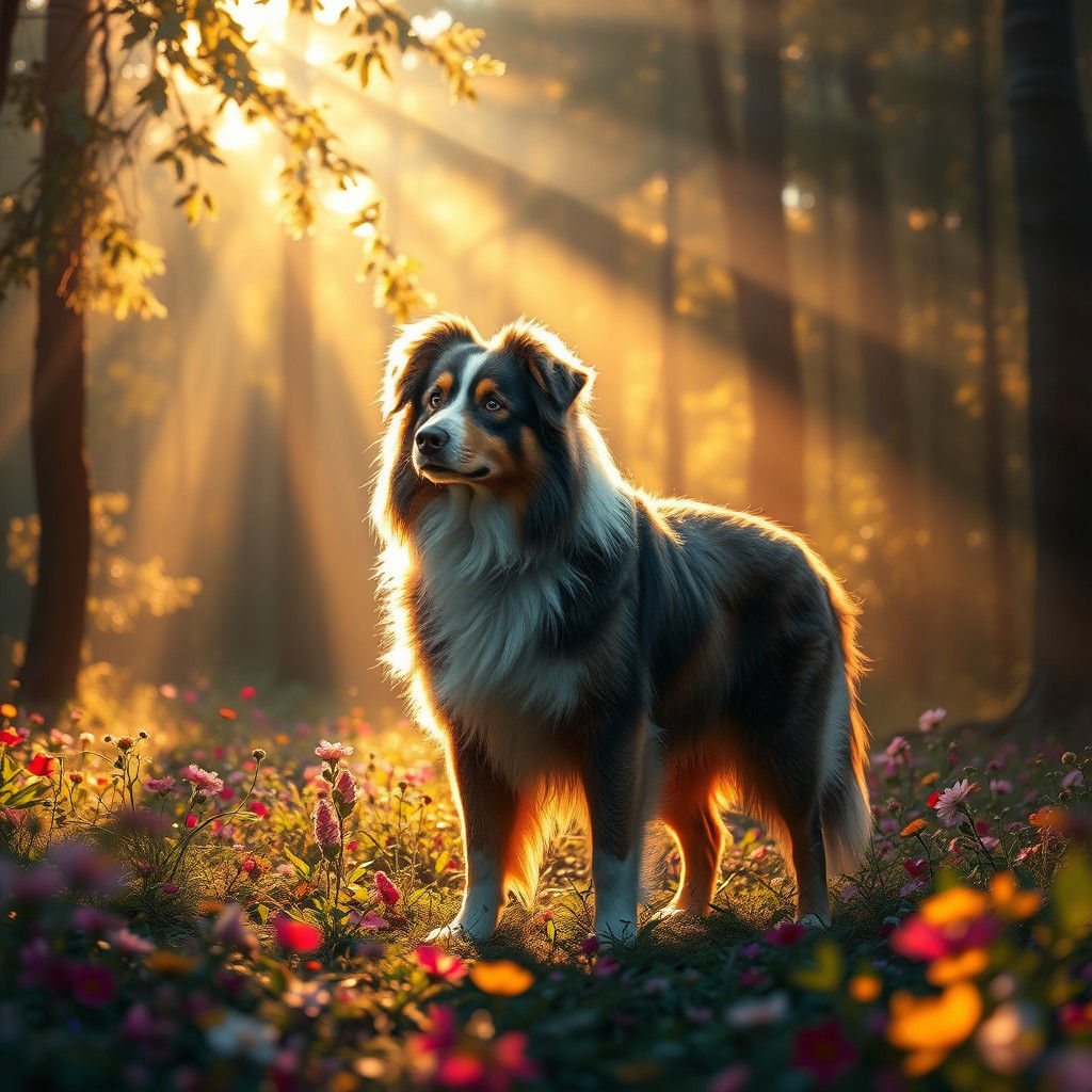 Australian Shepherd in Mystical Forest, Fantasy Matte Painti...
