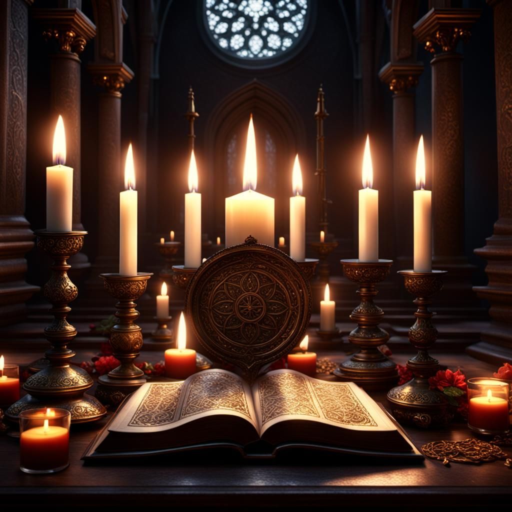 Candlelit Altar with Dark Tomes in 8k