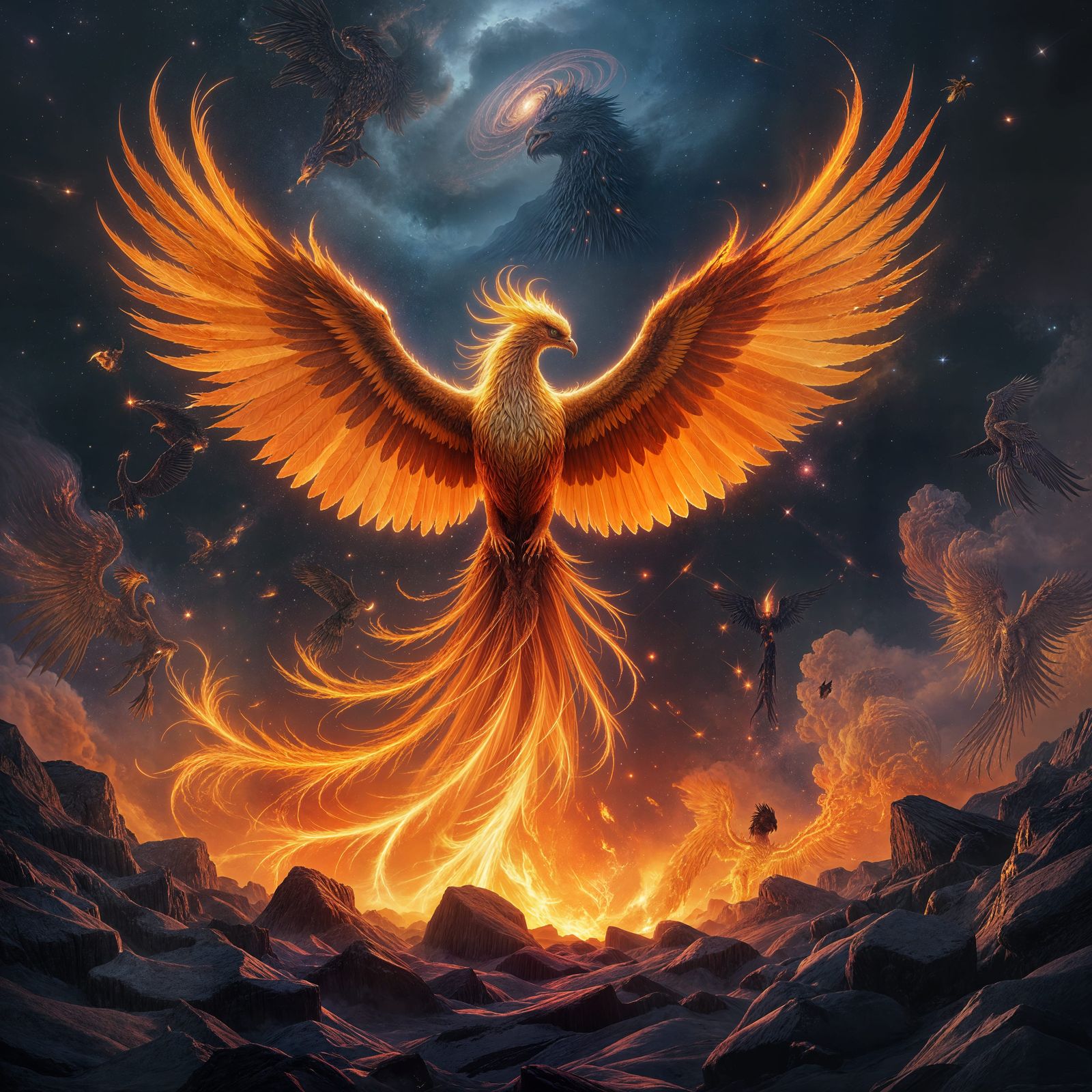 Majestic Phoenix Rises From Fiery Gold and Obsidian
