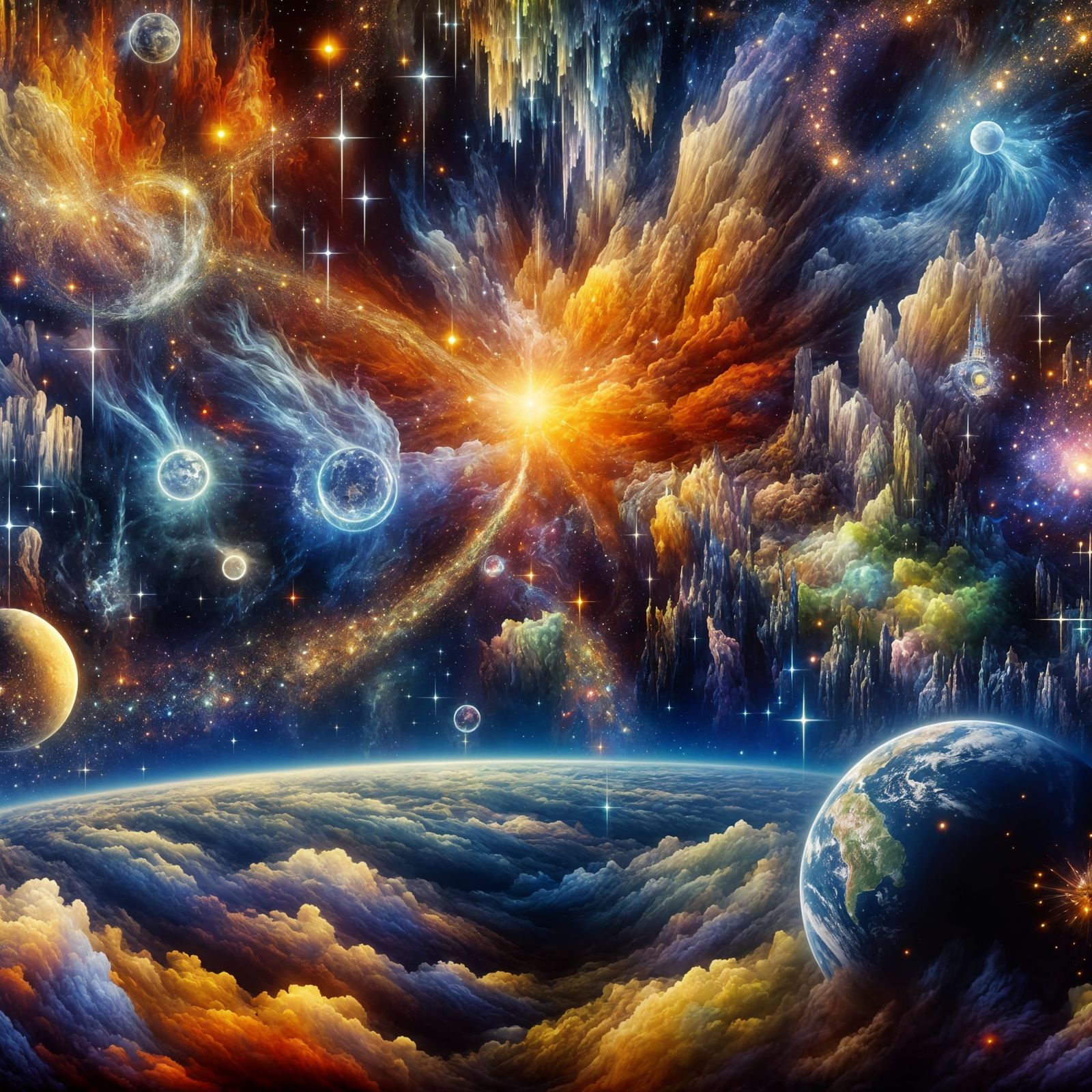 Surreal Cosmic Landscape with Majestic Earth and Celestial B...