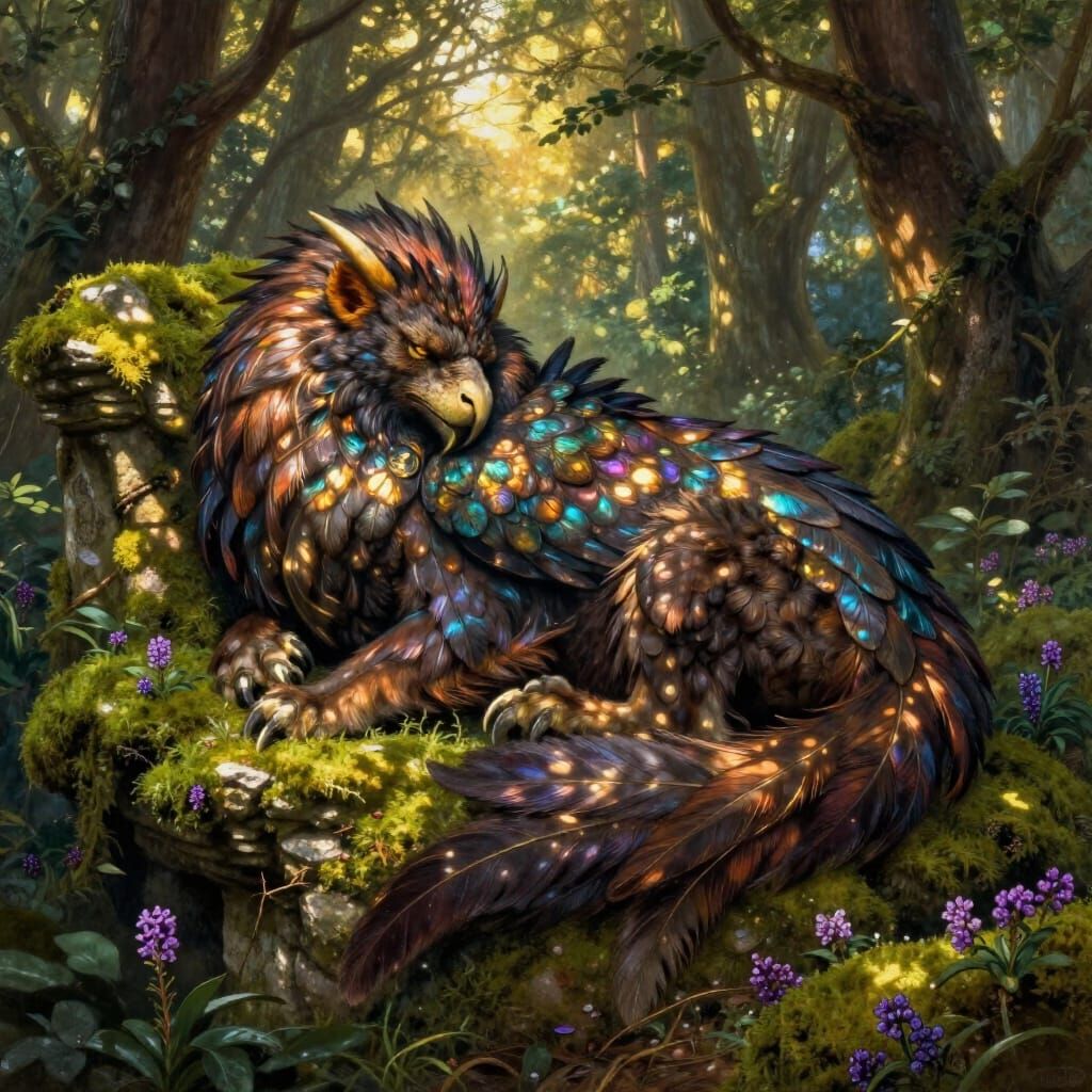 Majestic Griffin Sleeps on Ancient Ruins in Enchanted Forest