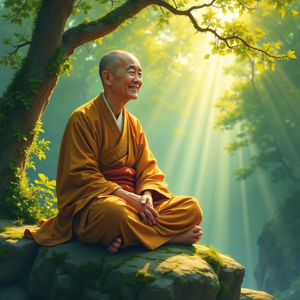 Gentle Monk in Lush Forest at Sunrise