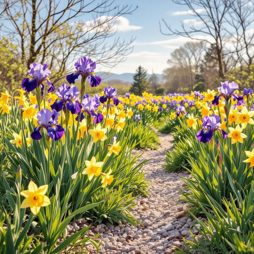 Vibrant Iris and Daffodil Field with Gravel Path