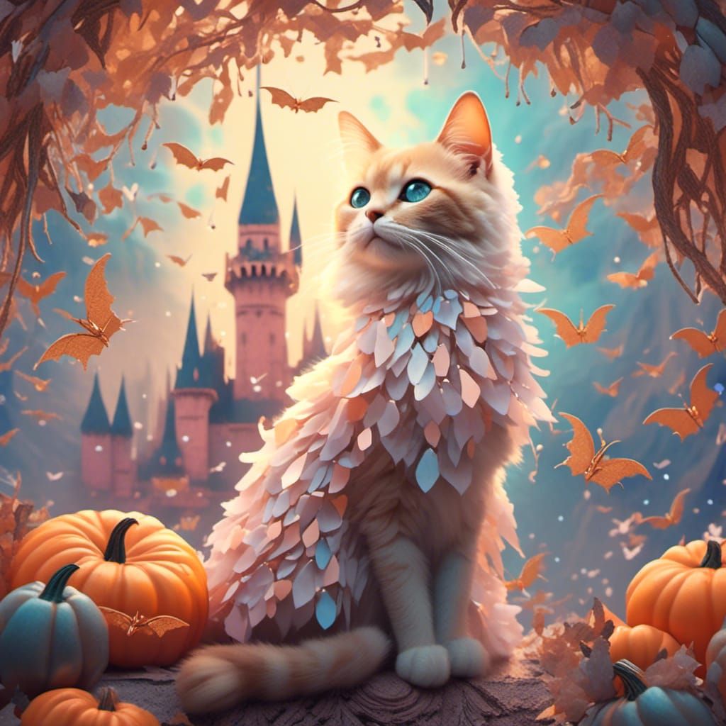 no Orange, an old castle cat, pumpkin bats, pastel colors,