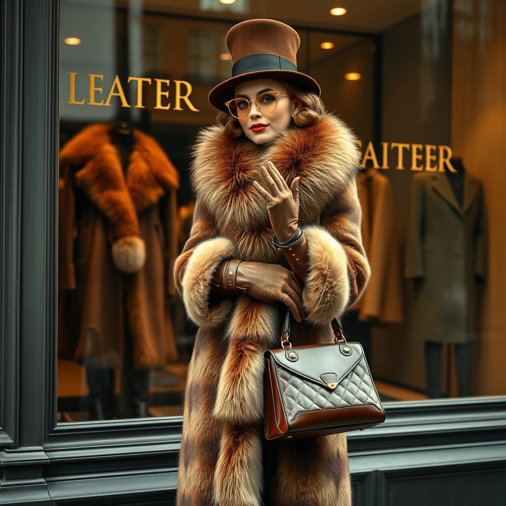 Elegant Woman in Luxurious Fur Coat with Golden Glasses