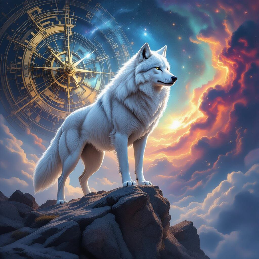 Marble Wolf Sculpture Overlooking Cosmic Nebula