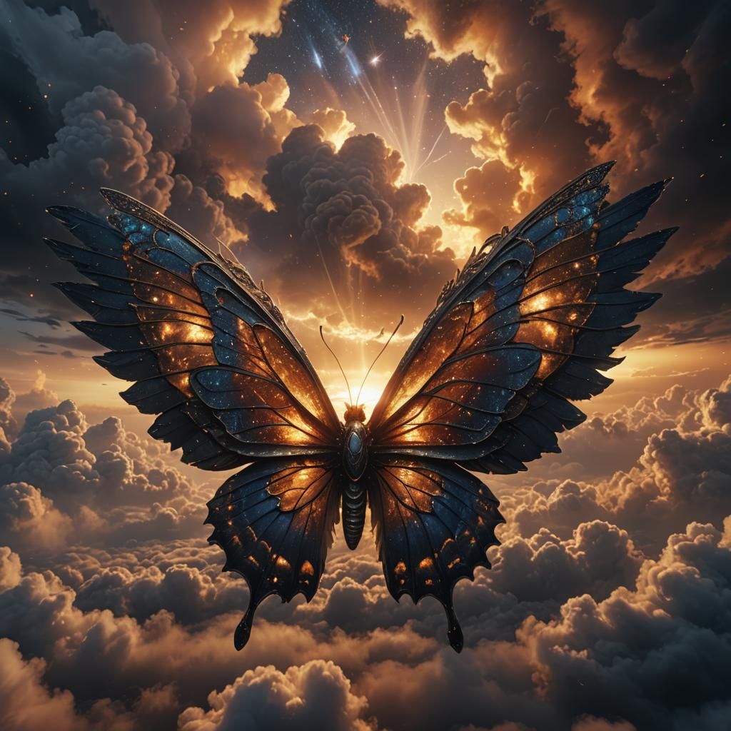 Mystical Butterfly with Galactic Wings at Sunset