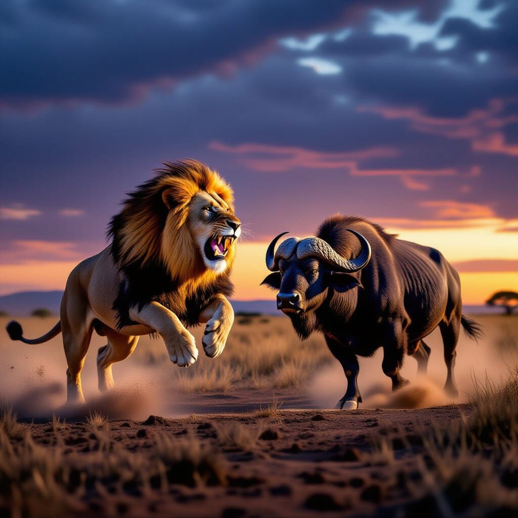 Lion Hunts Buffalo in Dramatic Savanna Twilight