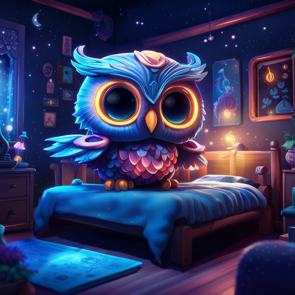 Bioluminescent Chibi Owl Fairy in Starshine Bedroom