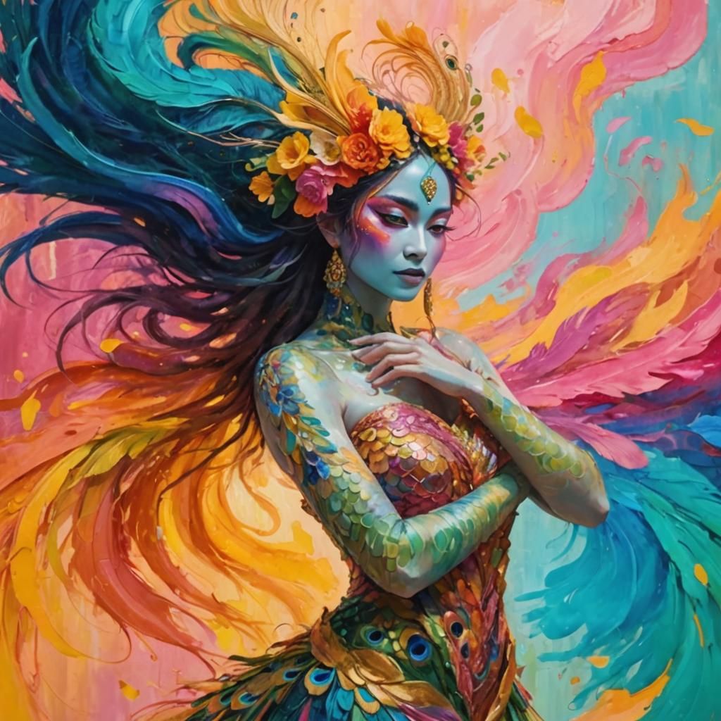 Dragon Peacock Woman in Abstract Expressionist Style