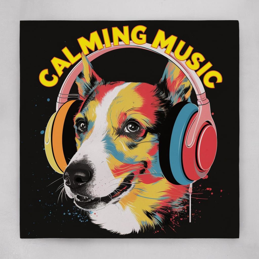black background, the head of a dog with headphones in multi...