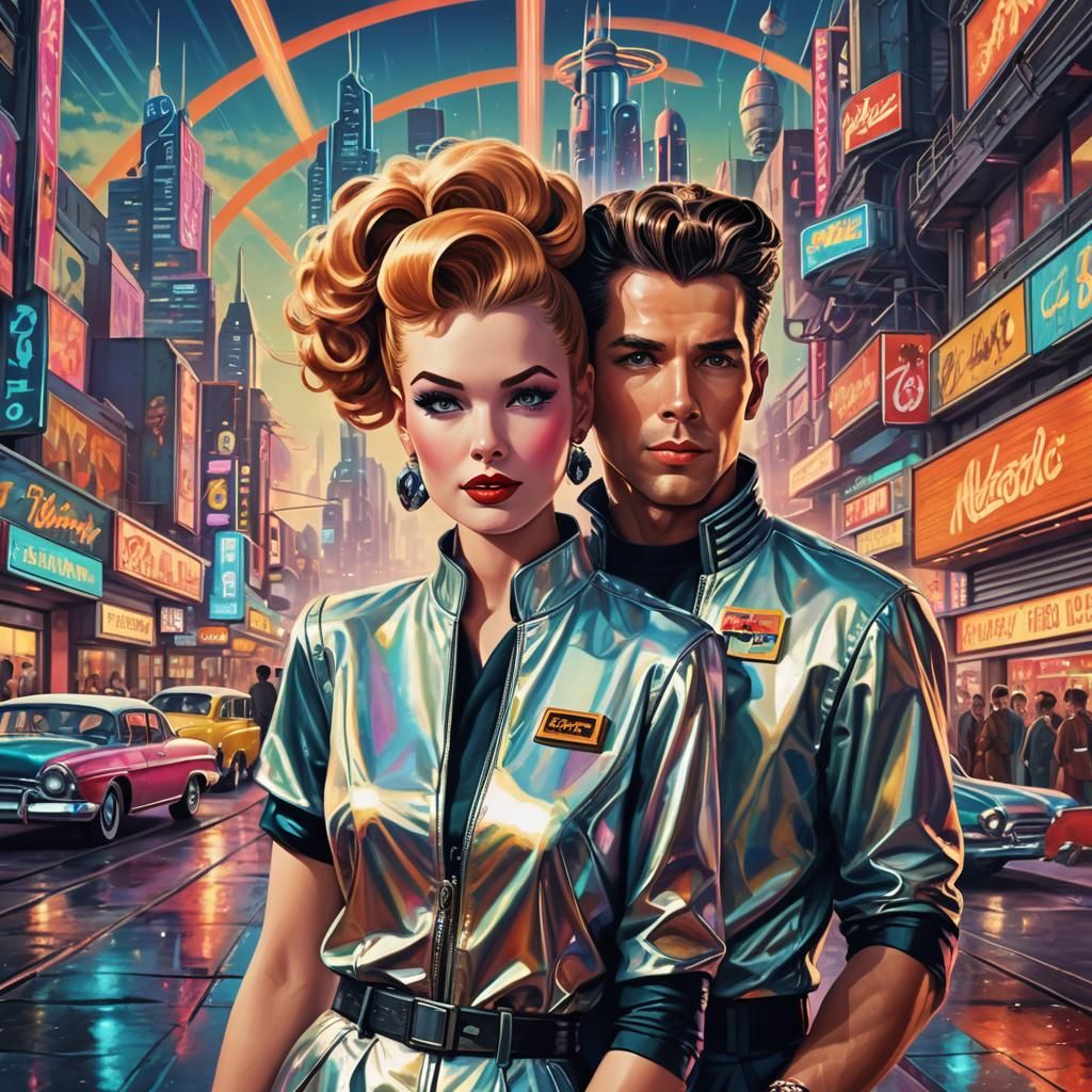 Retro-Futuristic Couple in Atomic Cityscape, Hyperrealistic ...